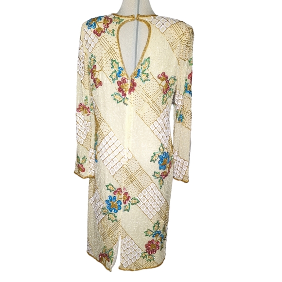 Gorgeous 100% SilkBeige embroidered midi long sleeve beaded sequins dress Size M - Picture 12 of 13